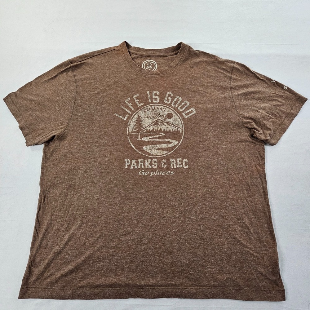 Life is Good Parks & Rec Great Outdoors Brown Short Sleeve T-Shirt Men's 2XL
